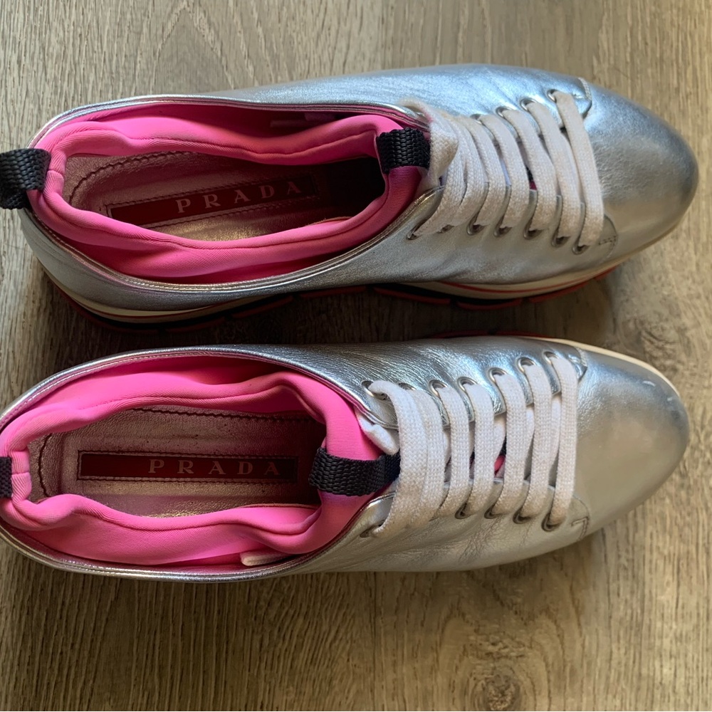 Prada Silver Sneakers with Pink Interior